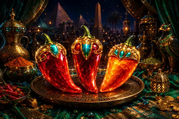 3 Hot Chillies Hold and Win -pelin alkuperäinen Atefia-tyylinen kuvitus